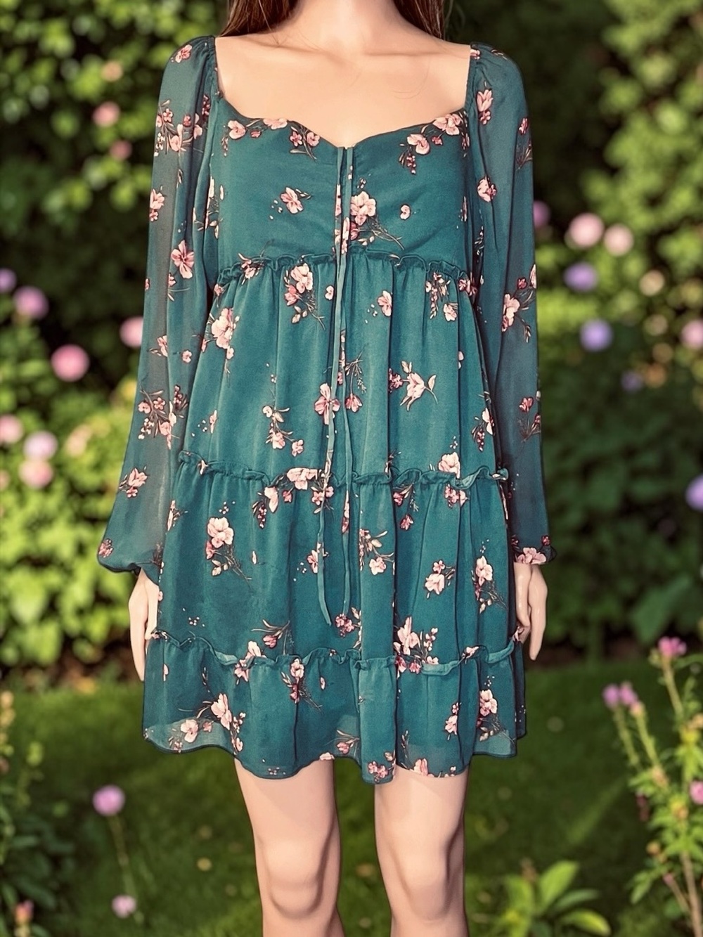 Forever 21 Dark Green Floral Babydoll Mini Dress Size M